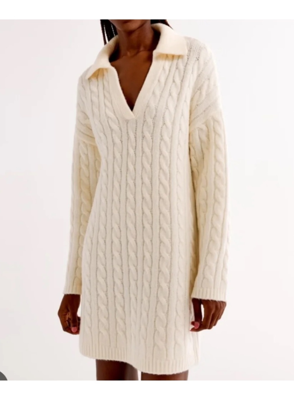NWT Abercrombie and Fit h Cream Cable-Knit Polo Collar Sweater Dress